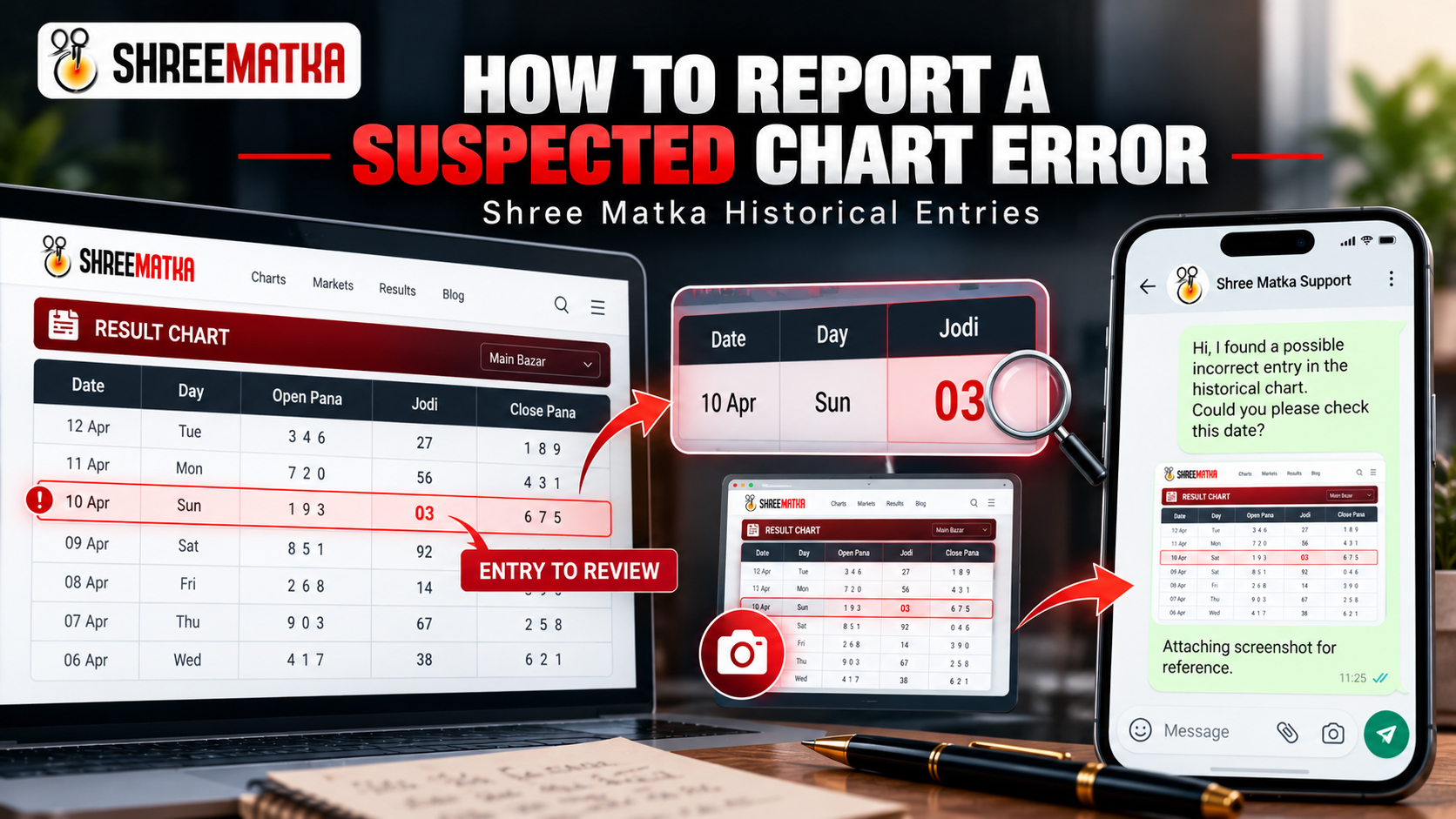 Illustration of a historical chart entry being checked and reported to support for review.