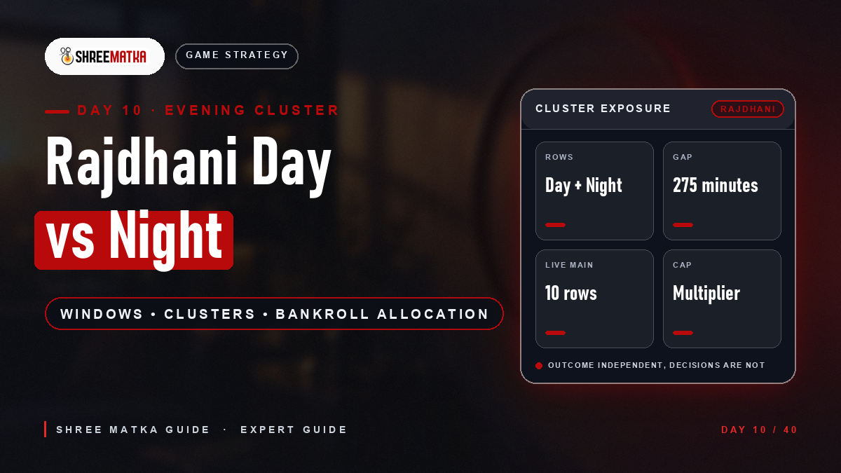 Split illustration of an afternoon ledger and a lamp-lit night ledger on one desk, with a bar chart allocating stakes across several market rows, representing Rajdhani Day, Rajdhani Night and evening bankroll allocation