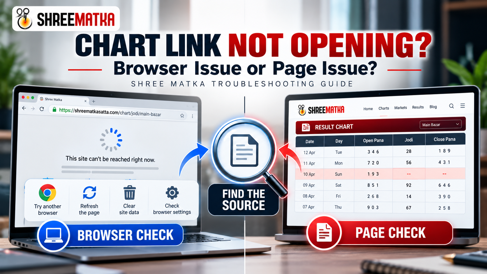 Editorial illustration comparing a browser troubleshooting check with a website chart page that may be unavailable.